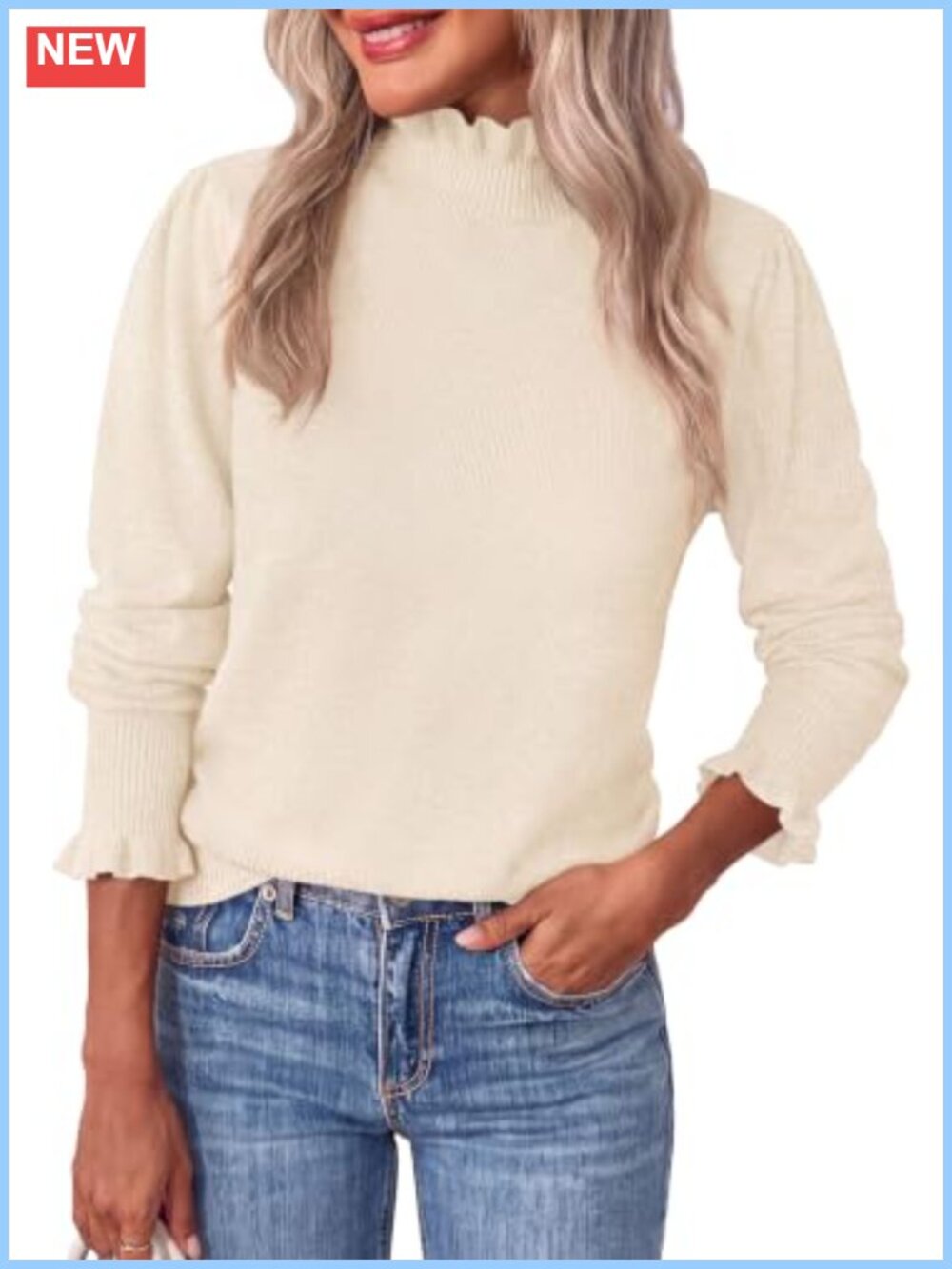 Women's Cozy Ruffle Mock Neck Puff Sleeve Pullover Sweater